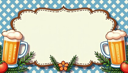 Digital illustration, cheerful Oktoberfest invitation design with blue and white checkered patterns, beer mugs. Banner or card with copy space