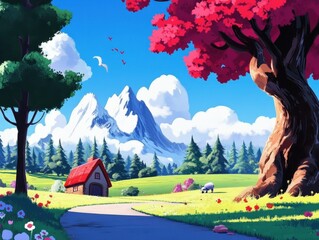 A vibrant, animated landscape featuring a quaint cottage nestled in a colorful meadow surrounded by blooming flowers, towering mountains in the background, and fluffy clouds overhead
