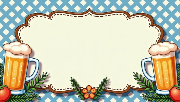 Digital illustration, cheerful Oktoberfest invitation design with blue and white checkered patterns, beer mugs. Banner or card with copy space