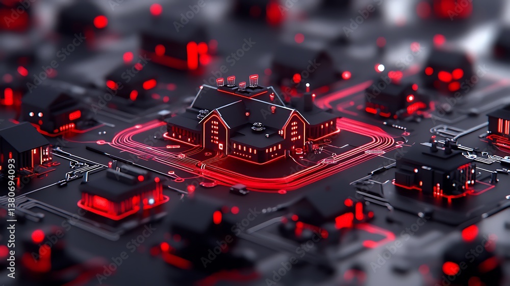 Poster futuristic computer generated houses connected in a network system