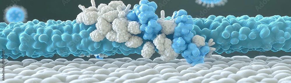 Poster a detailed microscopic image shows molecular structures in vibrant colors, illustrating complex inte