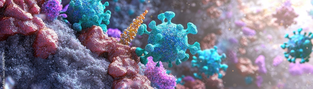 Poster a colorful digital representation of virus particles interacting with a textured surface, showcasing