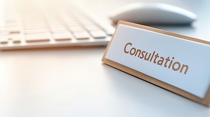 A modern workspace featuring a consultation sign, a keyboard, and a mouse, creating a professional and inviting atmosphere.