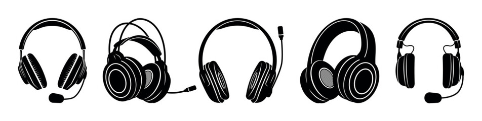 Headset web icon collection. Flat retro music listening device and headset sign collection. Black silhouette design, vector art image illustration, isolated on white background.