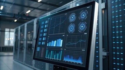 A monitor displays data analytics with various graphs and metrics in a modern server room, showcasing technology and data management.
