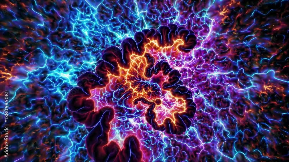 Aufkleber top-down view of vibrant, electric fractal patterns in a kaleidoscopic style, creating a mesmerizing