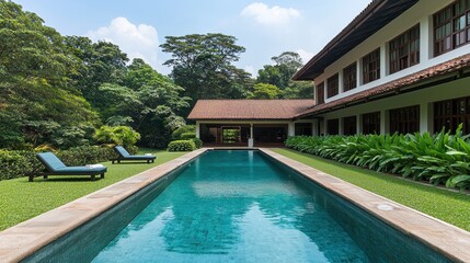 Fototapeta premium Serene Luxury Villa with Pool Surrounded by Lush Greenery and Trees