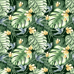 Obraz premium Tropical leaves, hummingbird and yellow orchid flowers watercolor illustration. Botanical seamless pattern for rainforest design. Hand drawn monstera, phalaenopsis and lush foliage of jungle plants.