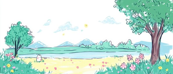 A serene landscape featuring a tranquil river bordered by lush greenery and colorful flowers, with distant mountains under a clear sky, perfect for relaxation and nature appreciation