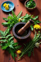 Overhead shot of various herbs and flowers arranged on a wooden table, with a mortar and pestle in the center.  Perfect for health, wellness, and alternative medicine content.