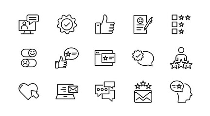 Customer satisfaction, feedback, testimonials line icon set. Survey, customer review, five star, opinion, ratings, response, support, client satisfaction outline icon pack. UI thin outline icon pack