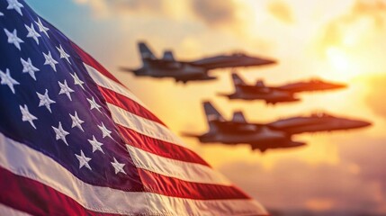 American flag waves with fighter jets flying across a beautiful sunset sky, representing freedom.