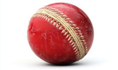 Worn red cricket ball isolated on white for sports content