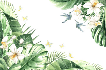 Watercolor tropical leaves and white orchid flowers isolated illustration of frame. Postcard template for rainforest designs. Hand drawn monstera, phalaenopsis and lush foliage of exotic jungle plants © susie_p_art