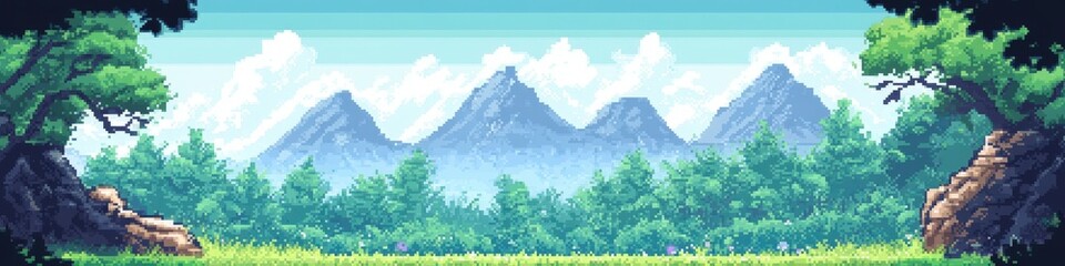 A serene pixel art landscape showcasing lush greenery in the foreground, majestic mountains in the background, and a clear blue sky, ideal for video game backgrounds or nature-themed projects