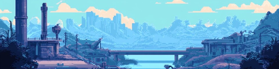 A serene landscape depicting a tranquil river flowing through a valley, surrounded by mountains and ancient ruins under a bright blue sky with fluffy clouds, ideal for travel and nature themes