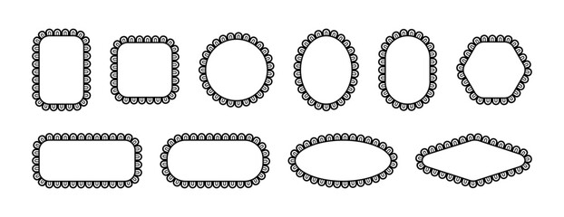 Lace frames with scallop. Border edge with pattern. Ornaments of different geometric shapes. Set of vector elements isolated on white background.