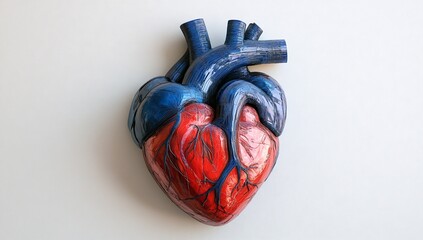A detailed anatomical heart sculpture, painted in vibrant red and blue hues.  A striking piece of art.