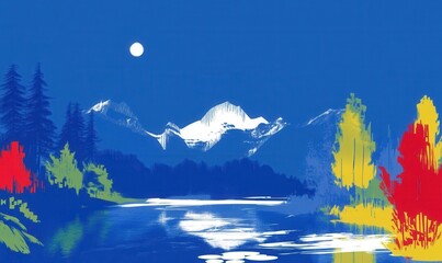 A vibrant landscape illustration depicting a serene river flowing through colorful autumn foliage, framed by majestic snow-capped mountains under a full moon, evoking tranquility and natural beauty