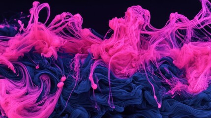 Fototapeta premium Neon pink and deep indigo ink blending in fluid waves, forming striking, high-contrast shapes with surreal glow and intricate tendrils
