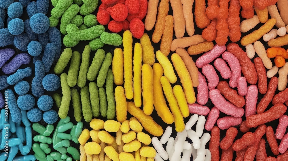 Poster a colorful array of bacteria, showcasing diverse shapes and textures, illustrating the microscopic w