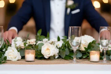 A close view of an elegant wedding setup featuring beautiful florals and tasteful decor, embodying romance and the joy of celebrating love on a special day.