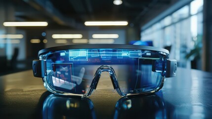 Virtual assistant interface projected on AR glasses in a smart office.