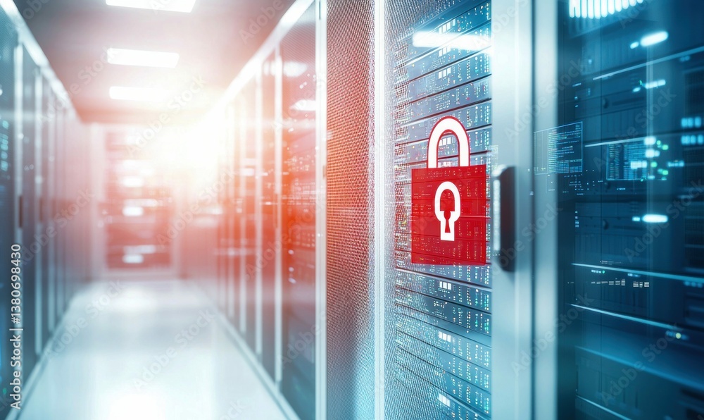 Poster a server room with a digital padlock symbolizes data security and network protection concepts.