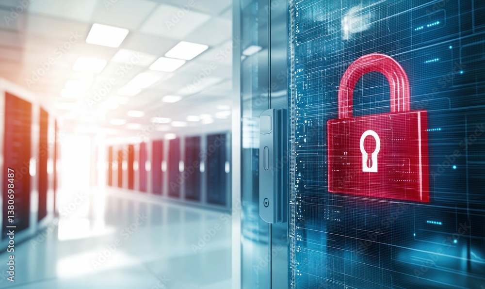 Poster a digital security padlock glows against a server room backdrop, emphasizing data protection.