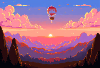 Pixel Art Sunset: A unique hot air balloon floats amidst a scenic mountain landscape during a sunset, rendered in a charming pixel art style.