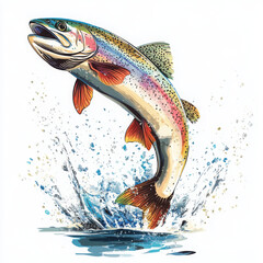 A picture of a rainbow trout leaping out of water is presented with clear lines, distinct color blocks, exquisite details and extremely high clarity. This graphic is presented in a vector illustration