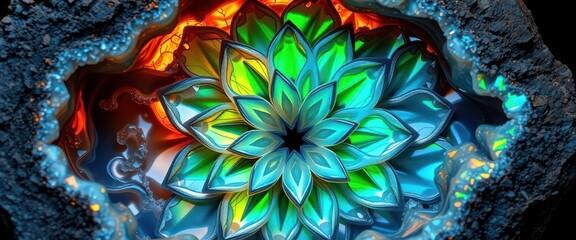 Intricate ammolite geode, iridescent layers forming flower-like patterns within crystalline structure, iridescent gemstone, faceted gemstone