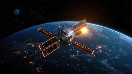 Obraz premium A satellite orbits Earth, capturing sunlight amidst the dark expanse of space, highlighting our planet's illuminated surface.