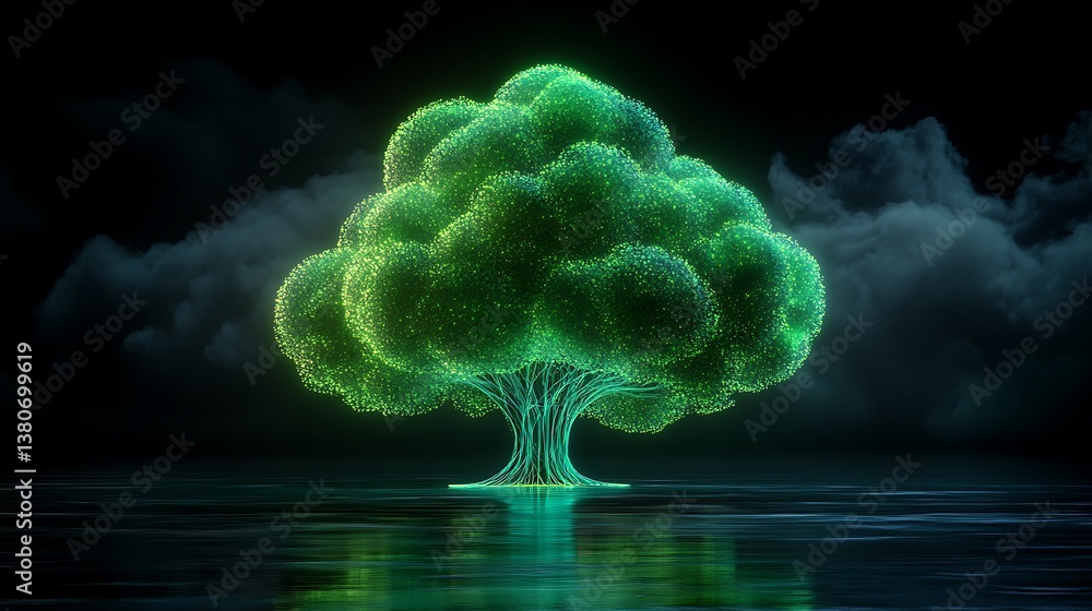 Aufkleber a luminous glowing tree displayed in a surreal and dark scene