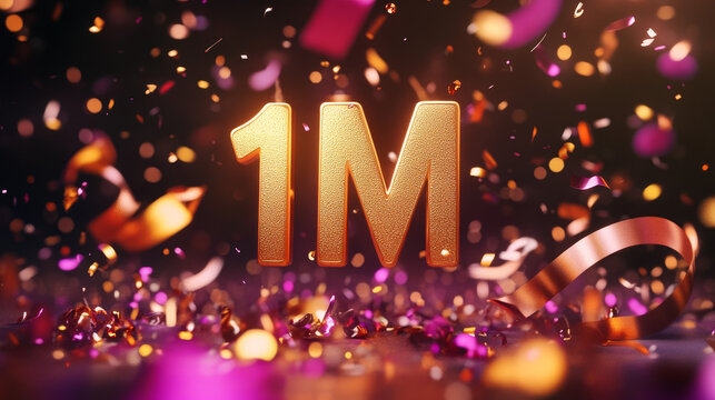 1m or 1000000 followers thank you. One million. Golden numbers with ribbon. Social Network friends, followers, Web users. Subscribers, followers or likes celebration. Vector illustration