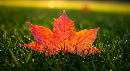Autumn Leaf on Grass, Sunset Backlight AI Generated