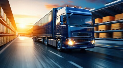 A dynamic shot of a blue semi-truck transporting goods through the warehouse.