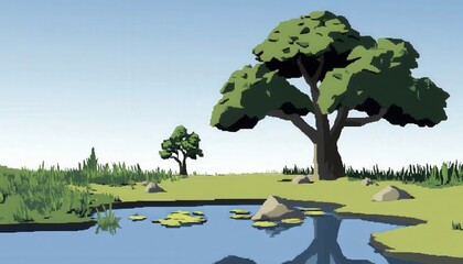 A serene landscape featuring a tranquil pond surrounded by lush greenery and stylized trees, evoking a peaceful atmosphere ideal for relaxation and nature appreciation