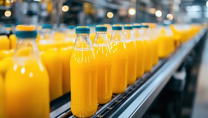 Bottles of Orange Juice Move on Conveyor Belt in Factory, Efficient Automated Production Line for Beverage Industry