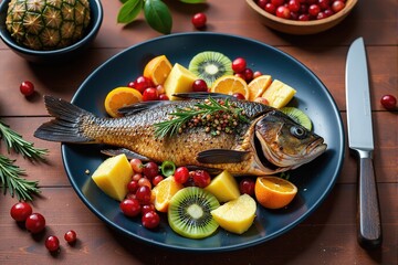 Roasted fish with fruits and herbs on a dark plate. Top view.