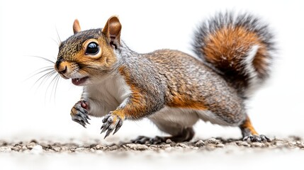 Squirrel on gravel surface, ready to jump, displaying bushy tail