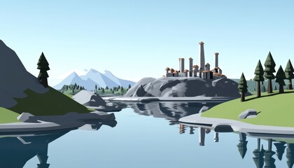 A serene landscape featuring a calm lake reflecting mountains and a distant factory with tall smokestacks, surrounded by lush greenery and rocky outcrops under a clear blue sky