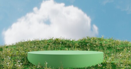 3d Sunny prairie hills landscape with a cream green circular podium platform for presentation. 3D rendered grassy landscape for nature concept display showcase. 