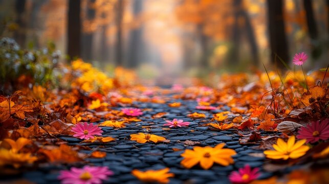 Autumn path. Leaves, flowers on black stones lead to forest