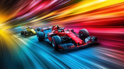 Vibrant artwork of Formula 1 race cars in a high-speed chase with bold, abstract motion blur.