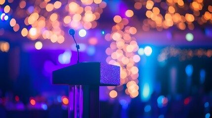 A podium at a charity gala with sparkling lights and elegant decor