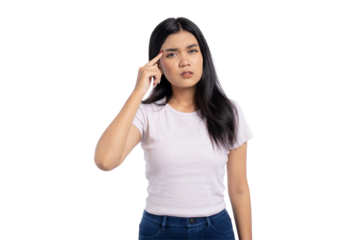 Frustrated young Asian woman touching temple with confused expression, thinking hard, isolated on transparent background