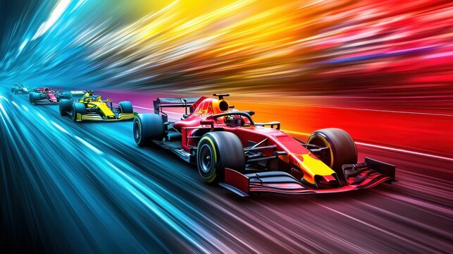A vibrant image of formula one race cars in full speed with a colorful motion blur effect.