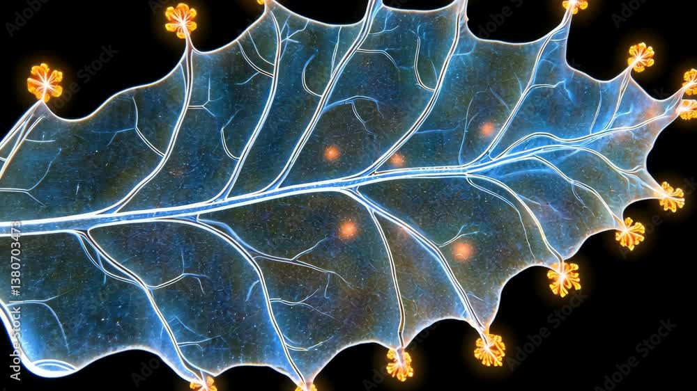 Poster brightly illuminated translucent leaf showcasing intricate vein patterns against a dark background i