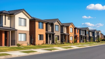 Fototapeta premium Modern Residential Neighborhood with Beautiful Houses and Clear Sky